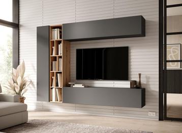 Meubella | Wandmeubel grijs eiken Set boekenkast TV-Meubel, Huis en Inrichting, Verzenden, Nieuw, 150 tot 200 cm, 25 tot 50 cm