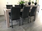 Set van 6 leren eetkamerstoelen - met wieltjes - zwart leer, Ophalen of Verzenden