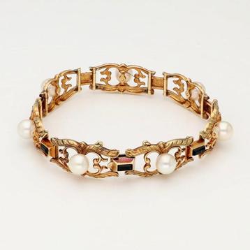 Armband - 14 karaat Geel goud - Parel / Onyx beschikbaar voor biedingen