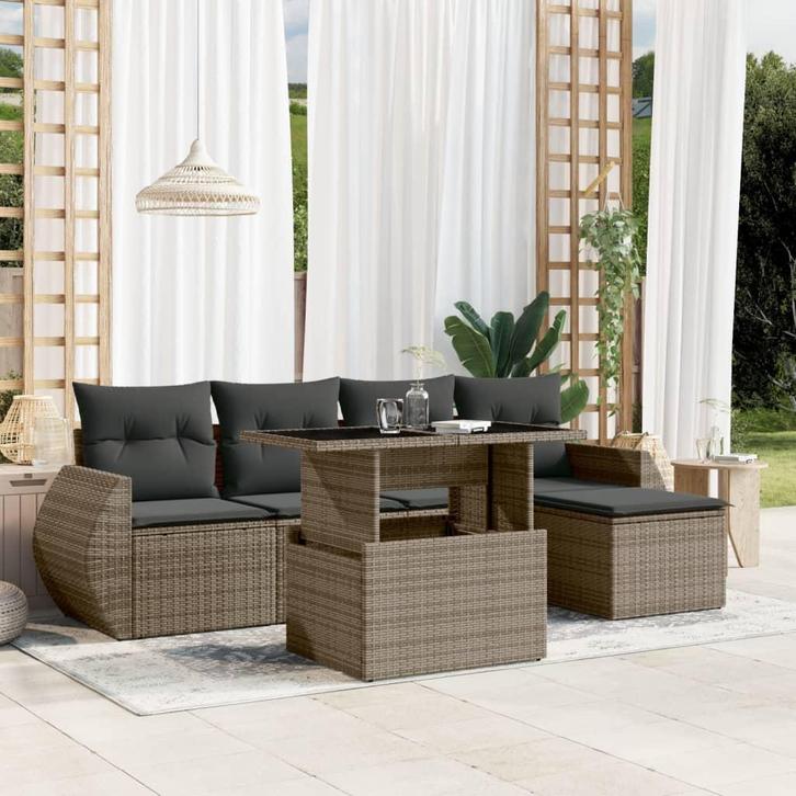 vidaXL 6-delige Loungeset met kussens poly rattan grijs, Tuin en Terras, Tuinsets en Loungesets, Loungeset, Nieuw, Verzenden
