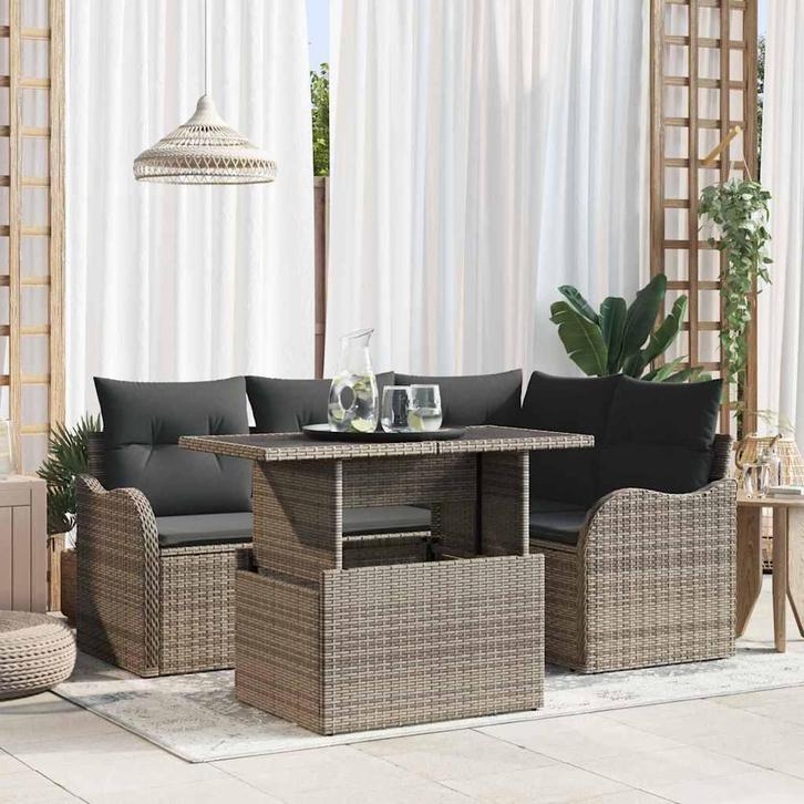 vidaXL Buiten Eettafel Set met kussen 5 pcs Grijs Poly, Tuin en Terras, Tuinsets en Loungesets, Nieuw, Verzenden