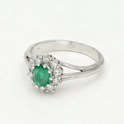 Ring - 18 karaat Witgoud Smaragd - Diamant, Handtassen en Accessoires, Ringen
