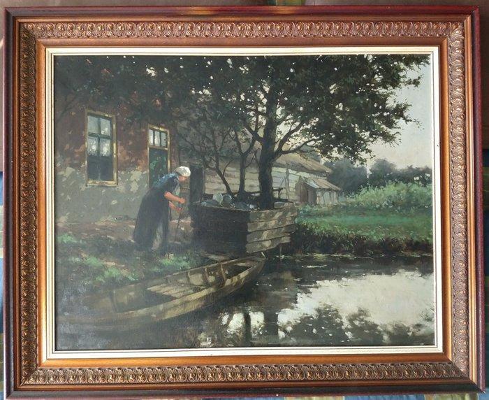 Nederlandse school (XX) - Boerin en een boerderij aan de, Antiek en Kunst, Kunst | Schilderijen | Klassiek