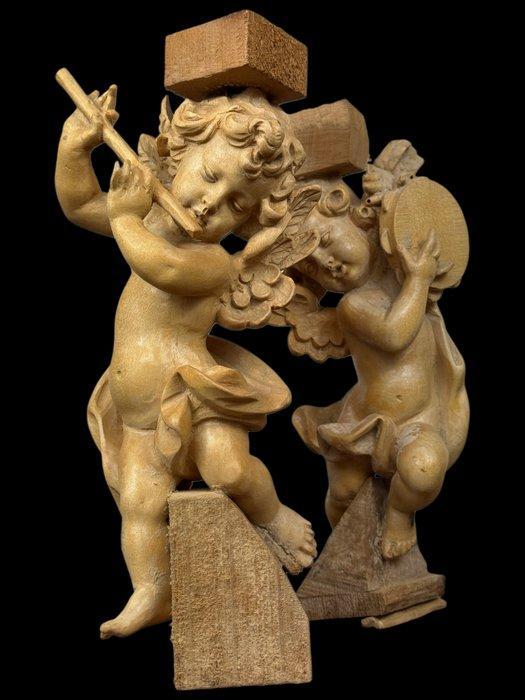 sculptuur, Putti musicanti - 25 cm - Hout, Antiek en Kunst, Antiek | Boeken en Manuscripten
