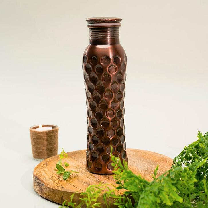 Puur Koperen Waterfles Curve Diamond Antique - 1 liter, Sport en Fitness, Gezondheidsproducten en Wellness, Ophalen of Verzenden