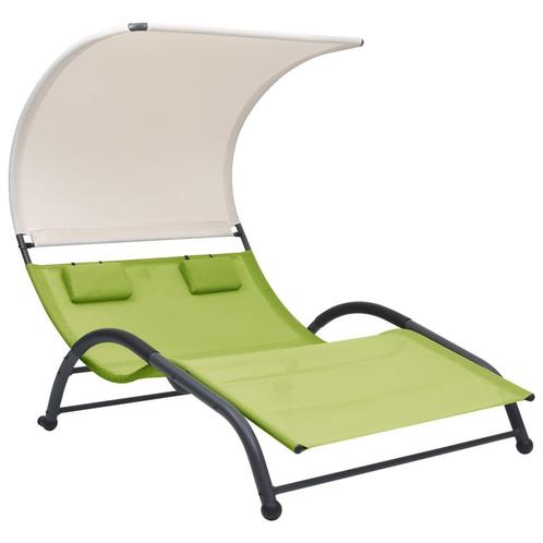 vidaXL Chaise longue double avec auvent Textilène Vert, Tuin en Terras, Tuinsets en Loungesets, Verzenden