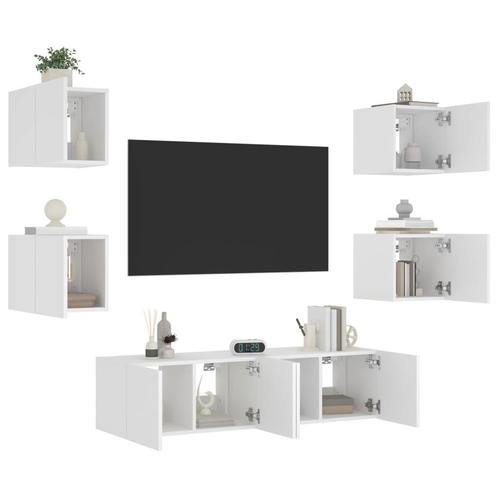 vidaXL Unités murales TV avec LED 6 pcs blanc bois, Maison & Meubles, Armoires | Mobilier de télévision, Neuf, Envoi