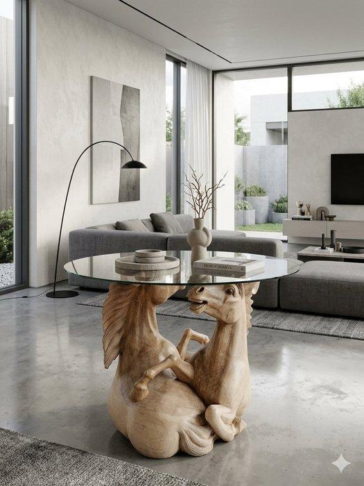 Tafel - Hout - Paarden die op hun achterpoten staan, Antiek en Kunst, Kunst | Designobjecten