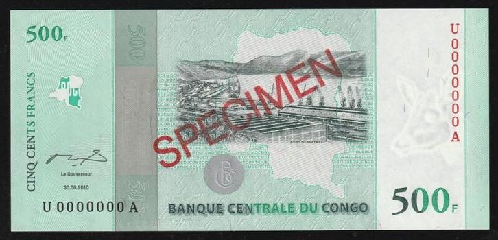 500 Francs Congo Kongo 500 Franken Muster 30/06/2010, Postzegels en Munten, Bankbiljetten | Europa | Niet-Eurobiljetten, België