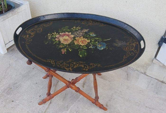 Table basse plateau tôle peint, décor floral; piétement en, Antiek en Kunst, Curiosa en Brocante