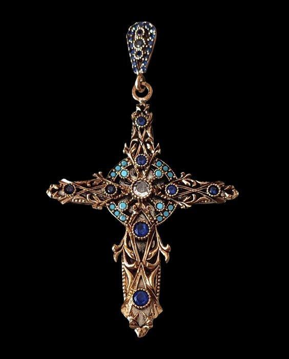 Kruis - en zilver - rhodonieten in blauw en turkoois -, Handtassen en Accessoires, Antieke sieraden