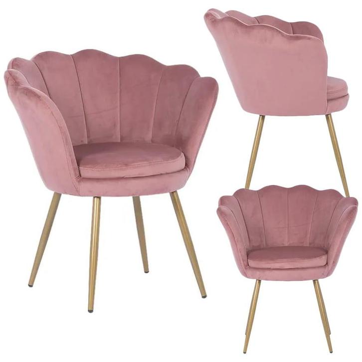 Schelp stoel - fauteuil - 58x51x88 cm - velvet - roze, goud, Huis en Inrichting, Stoelen, Nieuw, Ophalen of Verzenden