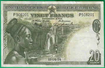 Congo belge. - 20 francs 15/4/1954 - FREE shipping - Pick 26