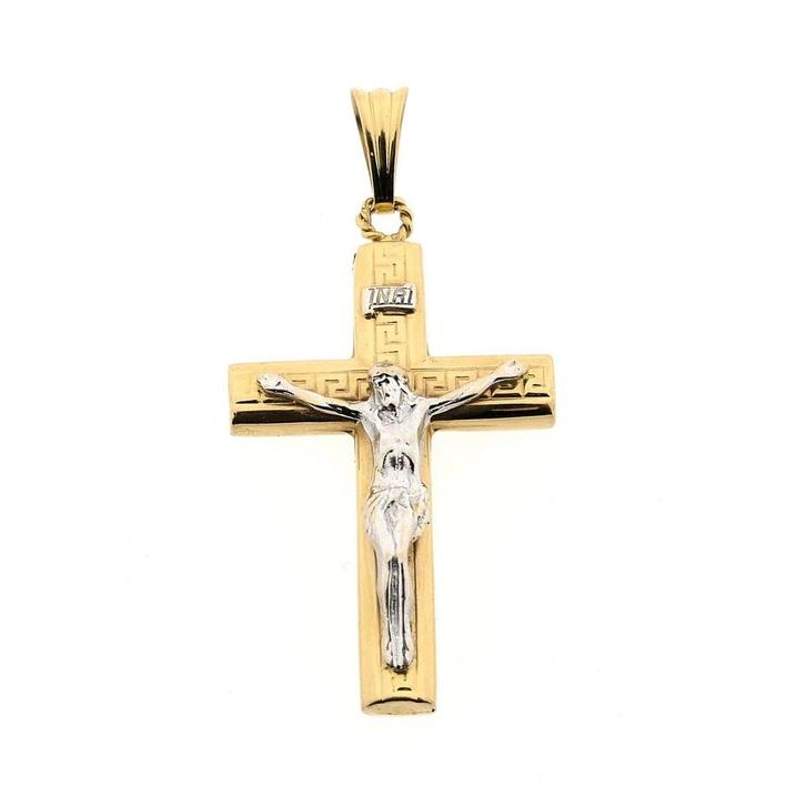 Bicolor gouden hanger van een kruis met corpus, Handtassen en Accessoires, Bedels, Gebruikt, Overige merken, Goud, Ophalen of Verzenden