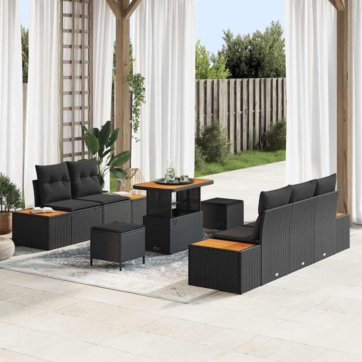 vidaXL Tuinbank Set met kussen 8 pcs Zwart Poly rattan, Tuin en Terras, Tuinsets en Loungesets, Nieuw, Verzenden