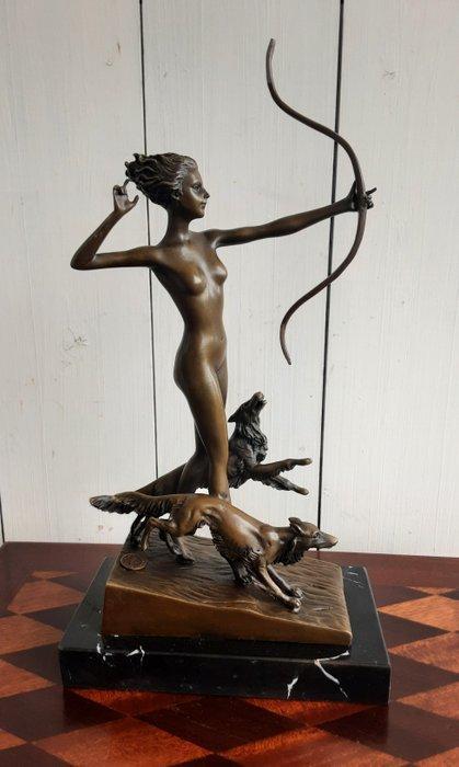 Beeld, Diana - 33 cm - brons marmer, Antiek en Kunst, Curiosa en Brocante
