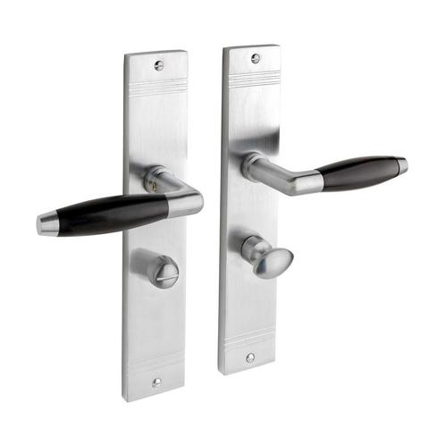 Geveerde klassieke deurklink mat nikkel op schild met wc..., Doe-het-zelf en Bouw, Hang- en Sluitwerk, Klink of Kruk, Nieuw, Koper of Messing