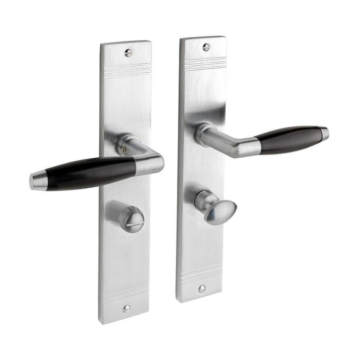 Geveerde klassieke deurklink mat nikkel op schild met wc..., Doe-het-zelf en Bouw, Hang- en Sluitwerk, Klink of Kruk, Nieuw, Koper of Messing