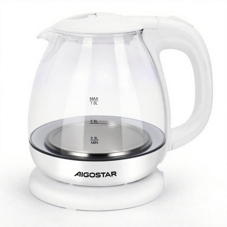 Waterkoker glas - met LED - 1L - 2200W - Wit - Aigostar, Huis en Inrichting, Woonaccessoires | Overige, Verzenden
