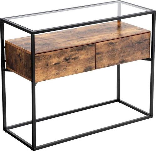 Industriële console tafel met glazen blad en 2 lades., Maison & Meubles, Tables | Dessertes, Enlèvement ou Envoi