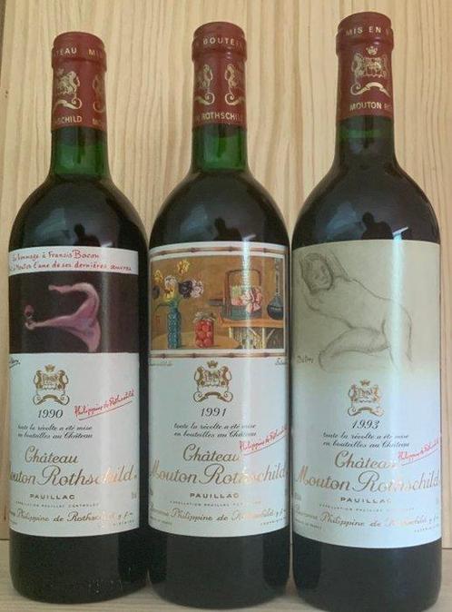 1990 , 1991 & 1993 Chateau Mouton Rothschild - Bordeaux,, Verzamelen, Wijnen