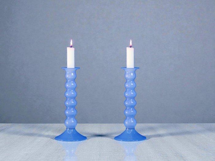 HAY - Kandelaar Golvend Lang - Blauw (2) - Glas - 2 Stukken, Antiquités & Art, Art | Objets design