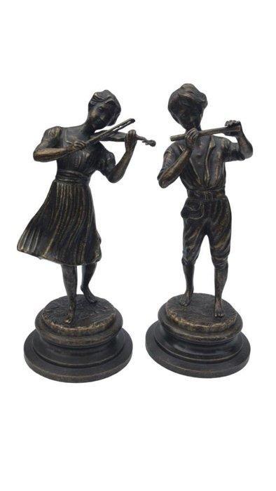 Fonderia Lancini - Statuette, Koppel - Dwarsfluit en viool -, Antiquités & Art, Curiosités & Brocante