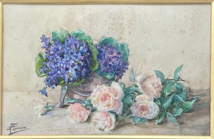 Andrée Ponsard (XIX-XX) - Nature morte aux roses et, Antiek en Kunst, Kunst | Schilderijen | Klassiek