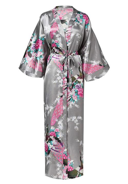 KIMU® Kimono Grijs 3/4 S-M Yukata Satijn Onder de Knie Driek, Kleding | Dames, Carnavalskleding en Feestkleding, Nieuw, Ophalen of Verzenden