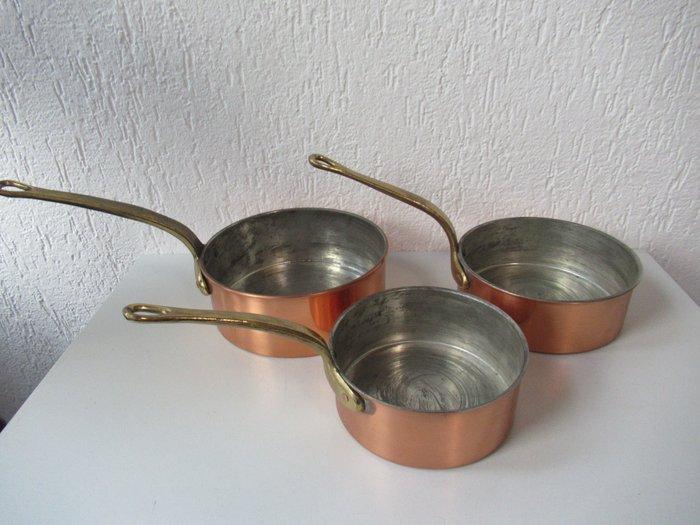Pan (3) - 3 Zware professionele koperen pannen vertint -, Antiek en Kunst, Antiek | Keukengerei