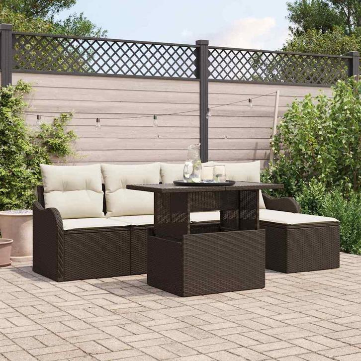 vidaXL Buiten Zitset met kussen 6 pcs Bruin Poly rattan, Tuin en Terras, Tuinsets en Loungesets, Nieuw, Verzenden