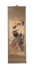 Large and very fine painting Two peacocks and peonies,