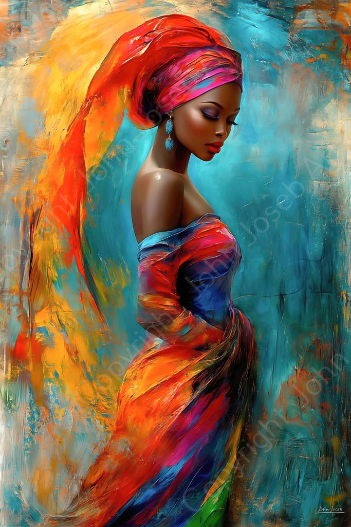 John Joseb glasschilderij vrouw met kleurrijke jurk abstract, Huis en Inrichting, Woonaccessoires | Schilderijen, Tekeningen en Foto's