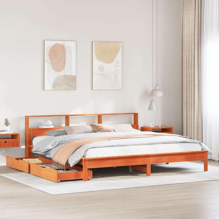 vidaXL Bed met boekenkast zonder matras grenenhout wasbruin, Maison & Meubles, Chambre à coucher | Lits, Envoi