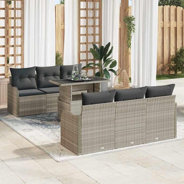 vidaXL Tuinbank Set met kussen 7 pcs Lichtgrijs Poly rattan, Tuin en Terras, Tuinsets en Loungesets, Nieuw, Verzenden