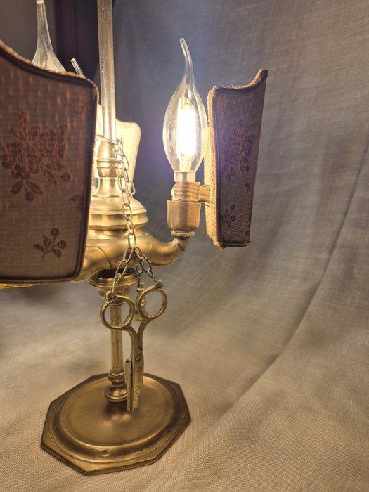 Tafellamp - Gegoten messing, Damask katoen - Bouillotte in, Antiquités & Art, Curiosités & Brocante