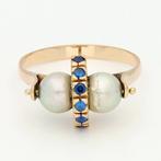 Bague - 18 carats Or jaune - Perle - Saphir, Handtassen en Accessoires, Ringen, Nieuw