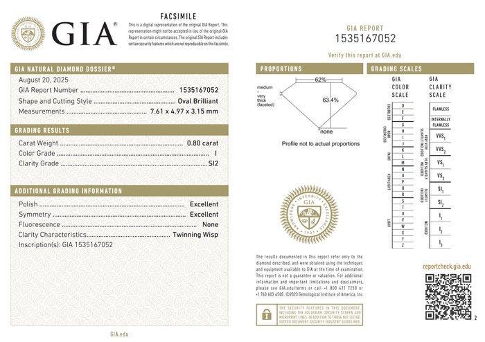 1 pcs Diamant (Natuurlijk) - 0.80 ct - Ovaal - I - SI2 -, Bijoux, Sacs & Beauté, Pierres précieuses