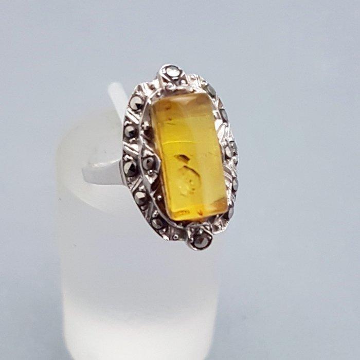 Zilver, Art Deco, Amber - Ring - + Markasieten., Antiek en Kunst, Kunst | Designobjecten