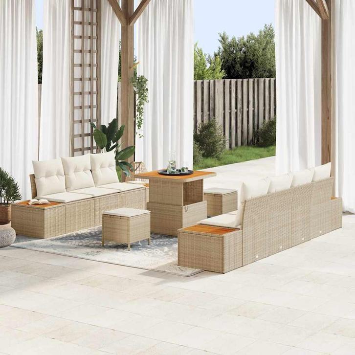 vidaXL Tuinbank Set met kussen met opslag 10 pcs Beige Poly, Tuin en Terras, Tuinsets en Loungesets, Nieuw, Verzenden