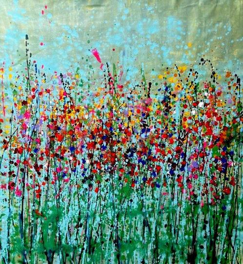 Jane Grieco - Flores Coloridas - Tableau, unique, format XL., Antiek en Kunst, Kunst | Schilderijen | Modern