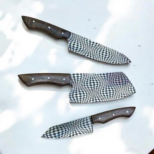 Kitchen knife - D2 Tool Steel with 3D - Geometrical Pattern,, Antiek en Kunst, Antiek | Keukengerei