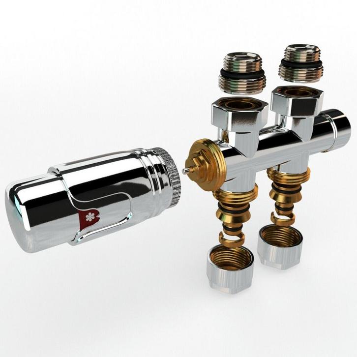 Universele chrome radiator-aansluitset (midden-onder-recht), Doe-het-zelf en Bouw, IJzerwaren en Bevestigingsmiddelen, Ophalen of Verzenden