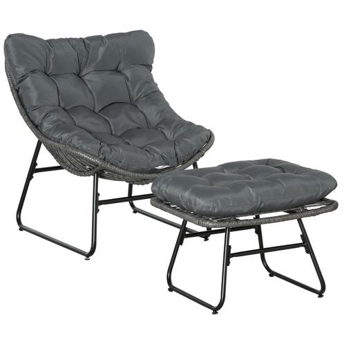 Tuinstoel - Rotan Luxe - Voetenbank en Kussen - Grijs, Tuin en Terras, Ligbedden, Nieuw, Ophalen of Verzenden