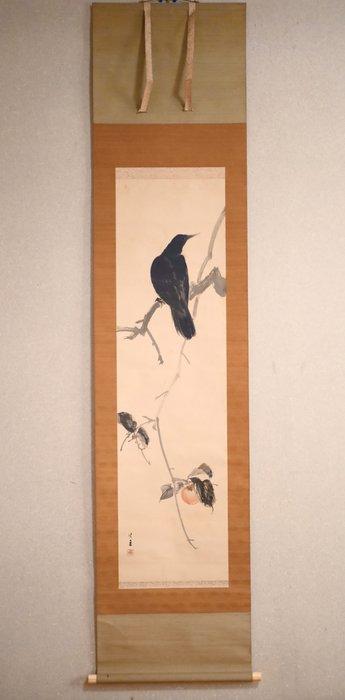 Herfstsfeer en vogel - kaki en raaf - hangende rol - Met de, Antiek en Kunst, Antiek | Overige Antiek