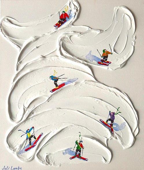 Juli Lampe (1980) - Ski Lovers in snow whirlwinds., Antiquités & Art, Art | Peinture | Moderne