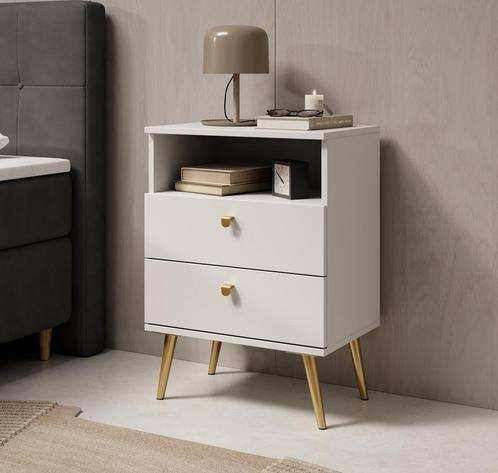 Meubella Nachtkastje wit 50 cm met lade goud, Huis en Inrichting, Kasten | Overige, Nieuw, Verzenden