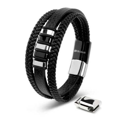 Leren Armband  Glory  - Zilver/Zwart, Handtassen en Accessoires, Armbanden
