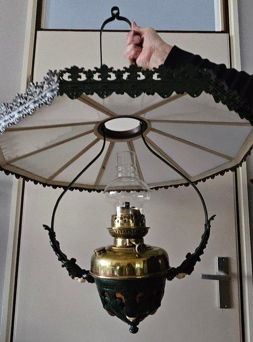 Lamp - Koper, Metaal, Glas - Olielamp met melkglas, Antiek en Kunst, Curiosa en Brocante