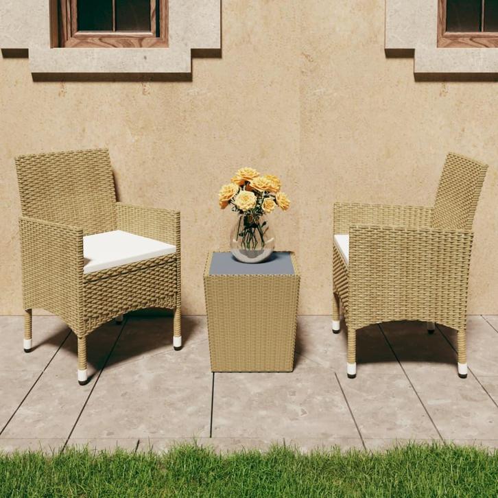 vidaXL 3-delige Bistroset poly rattan en gehard glas beige, Tuin en Terras, Tuinsets en Loungesets, Nieuw, Verzenden